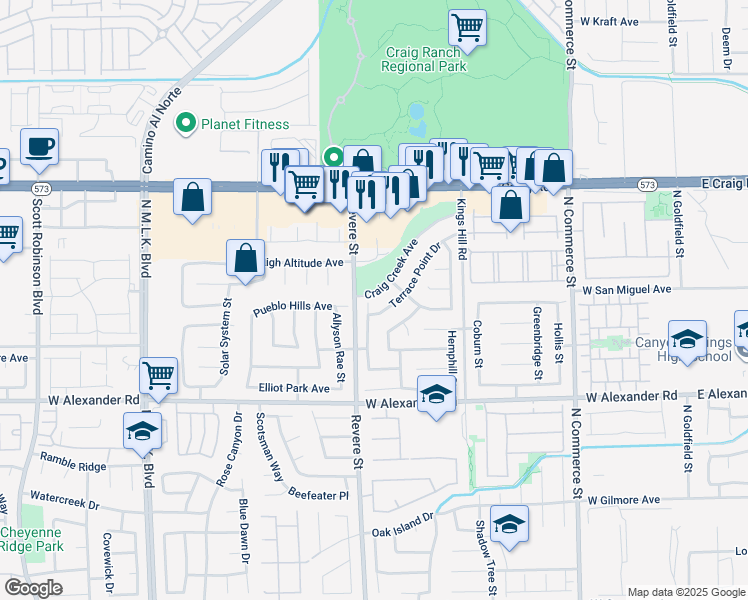 map of restaurants, bars, coffee shops, grocery stores, and more near 4142 Forestville Street in North Las Vegas