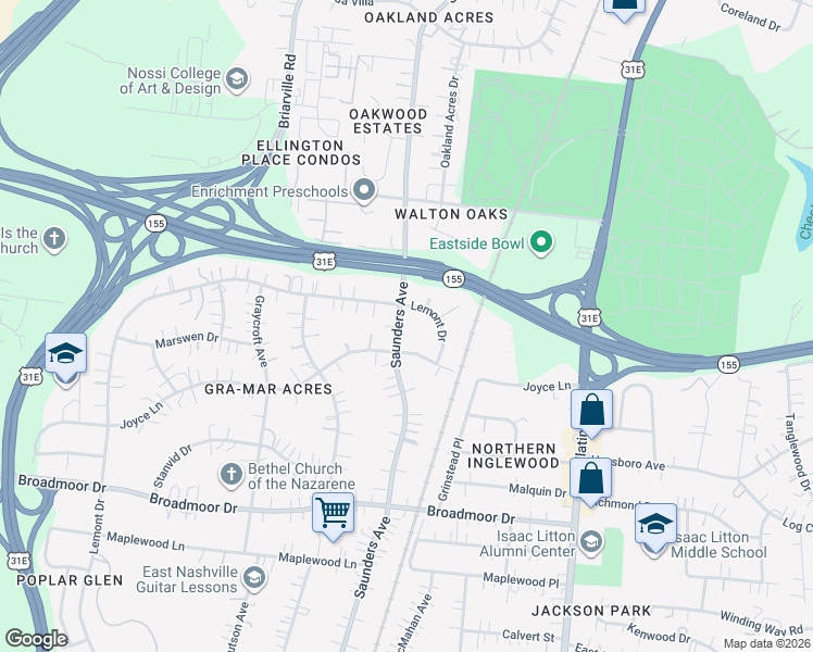 map of restaurants, bars, coffee shops, grocery stores, and more near 4504 Saunders Avenue in Nashville