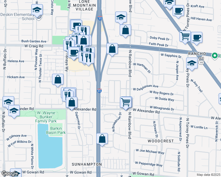 map of restaurants, bars, coffee shops, grocery stores, and more near 4129 North Overbrook Drive in Las Vegas