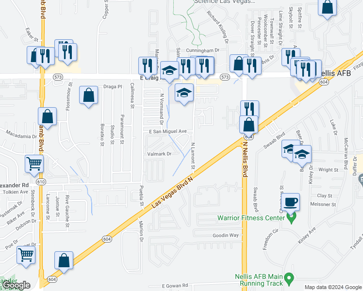 map of restaurants, bars, coffee shops, grocery stores, and more near 4139 North San Cuervo Way in Las Vegas