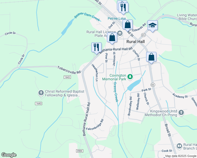map of restaurants, bars, coffee shops, grocery stores, and more near 509 Heatherton Lane in Rural Hall