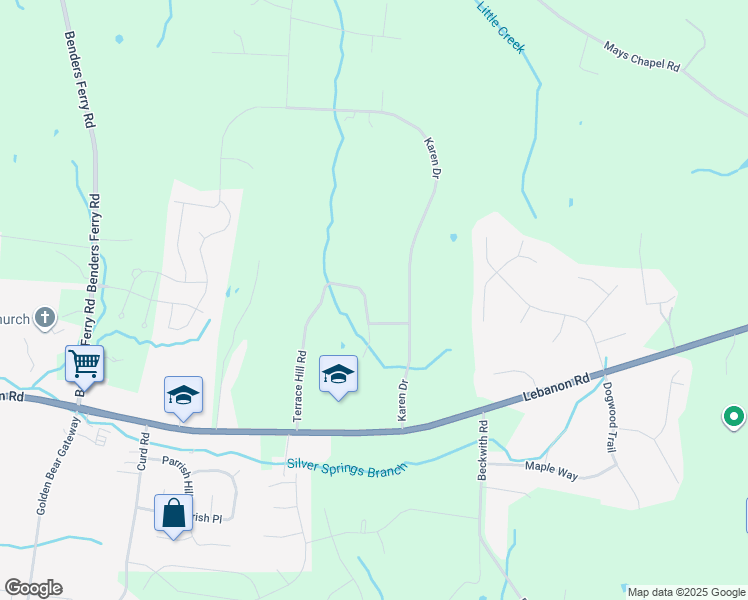 map of restaurants, bars, coffee shops, grocery stores, and more near 645 Terrace Hill Rd in Mt Juliet