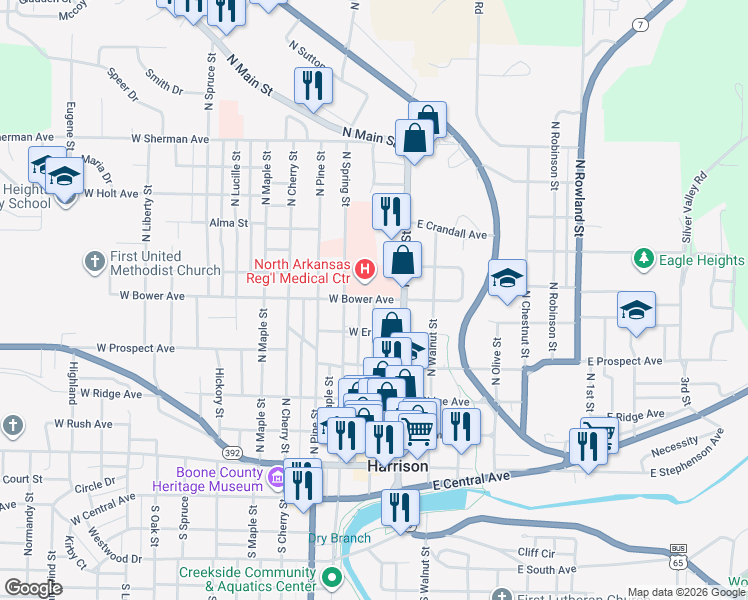 map of restaurants, bars, coffee shops, grocery stores, and more near North Willow Street in Harrison