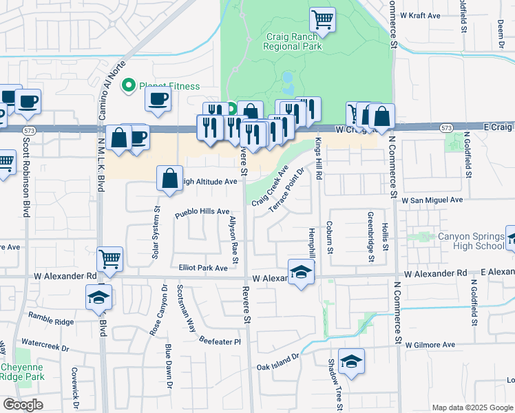 map of restaurants, bars, coffee shops, grocery stores, and more near 4142 Forestville Street in North Las Vegas