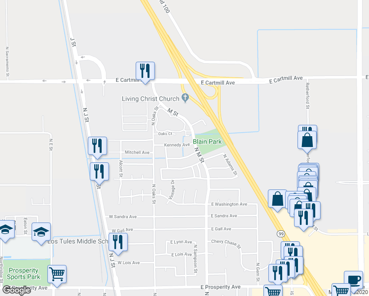 map of restaurants, bars, coffee shops, grocery stores, and more near 313 Kennedy Avenue in Tulare