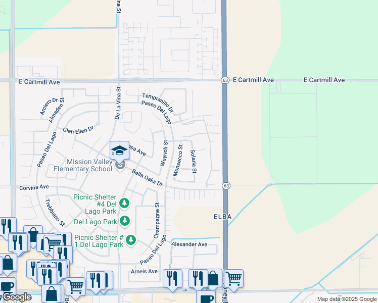 map of restaurants, bars, coffee shops, grocery stores, and more near 1987 Solaria Street in Tulare