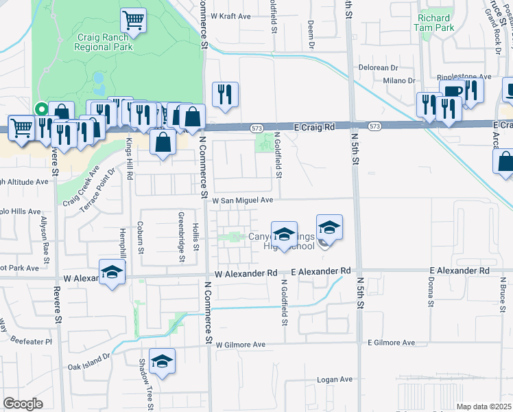 map of restaurants, bars, coffee shops, grocery stores, and more near 102 Restful Crest Avenue in North Las Vegas