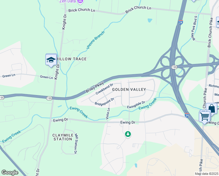 map of restaurants, bars, coffee shops, grocery stores, and more near 2831 Creekbend Drive in Nashville