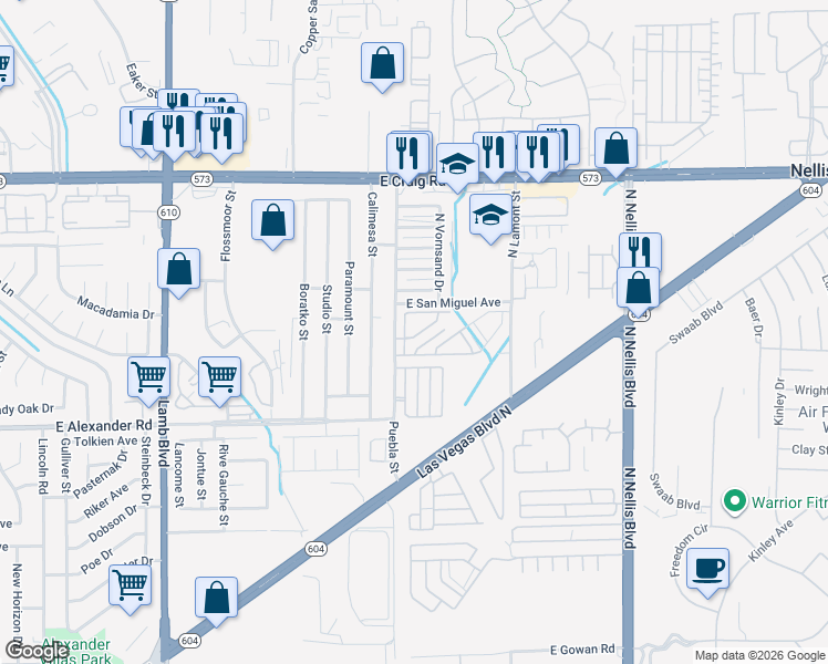 map of restaurants, bars, coffee shops, grocery stores, and more near 4736 Arroyo Seco Drive in Las Vegas