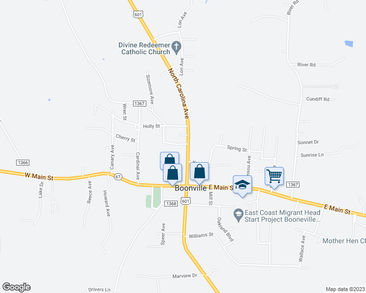 map of restaurants, bars, coffee shops, grocery stores, and more near 215 North Carolina Avenue in Boonville