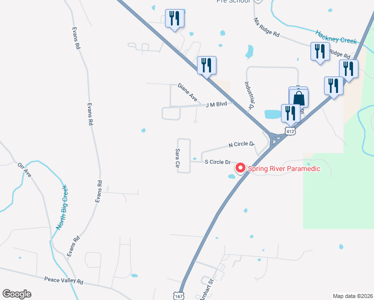 map of restaurants, bars, coffee shops, grocery stores, and more near 106 Sara Circle in Ash Flat
