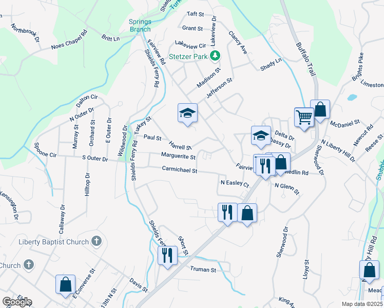 map of restaurants, bars, coffee shops, grocery stores, and more near 1241 Marguerite Street in Morristown