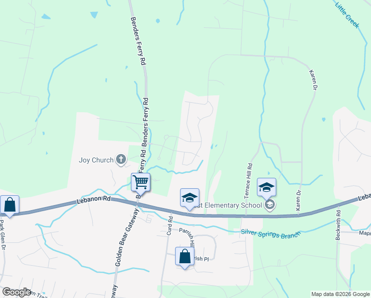 map of restaurants, bars, coffee shops, grocery stores, and more near 212 Karen Drive in Mt. Juliet