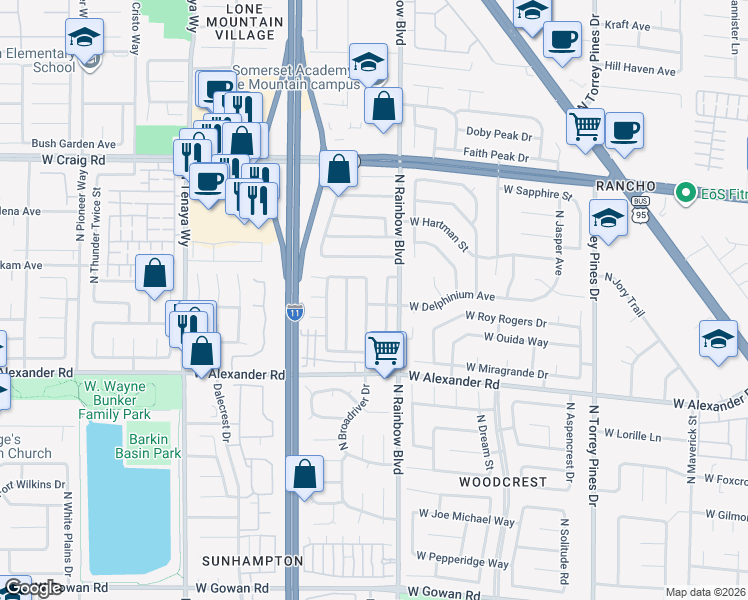 map of restaurants, bars, coffee shops, grocery stores, and more near 4129 North Broadriver Drive in Las Vegas