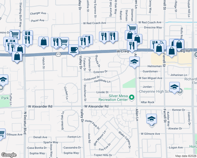 map of restaurants, bars, coffee shops, grocery stores, and more near 4104 Herblinda Lane in North Las Vegas
