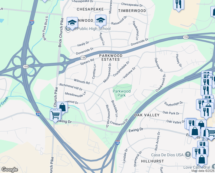 map of restaurants, bars, coffee shops, grocery stores, and more near 3213 Vailview Drive in Nashville