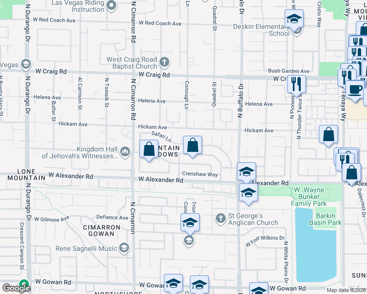 map of restaurants, bars, coffee shops, grocery stores, and more near 7745 Safari Lane in Las Vegas