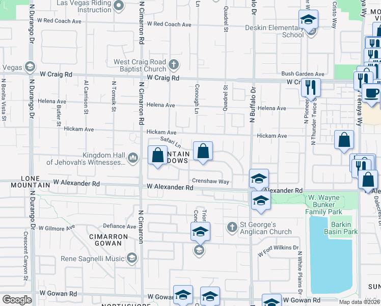 map of restaurants, bars, coffee shops, grocery stores, and more near 7801 Safari Lane in Las Vegas