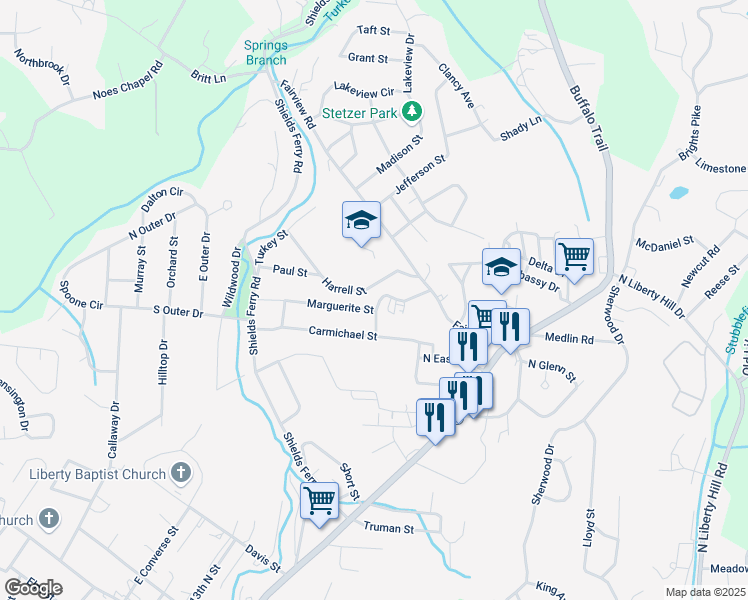 map of restaurants, bars, coffee shops, grocery stores, and more near 1241 Marguerite Street in Morristown