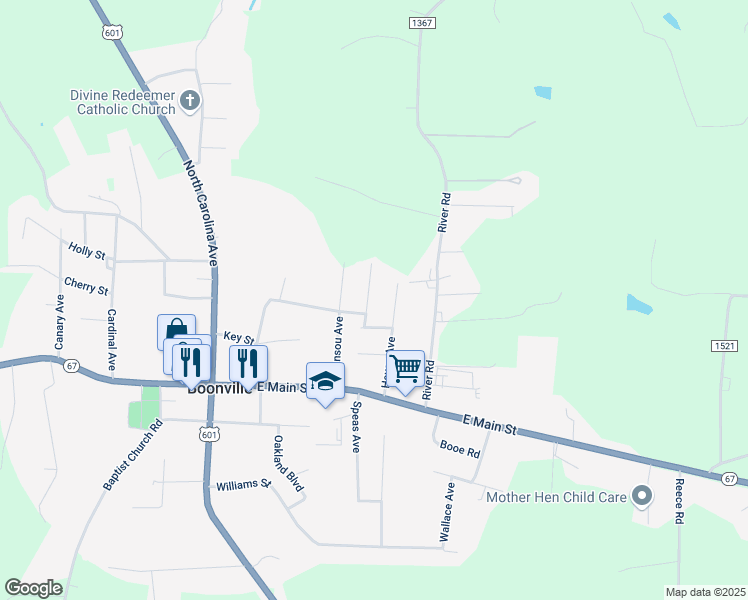 map of restaurants, bars, coffee shops, grocery stores, and more near 106 Garwood Avenue in Boonville