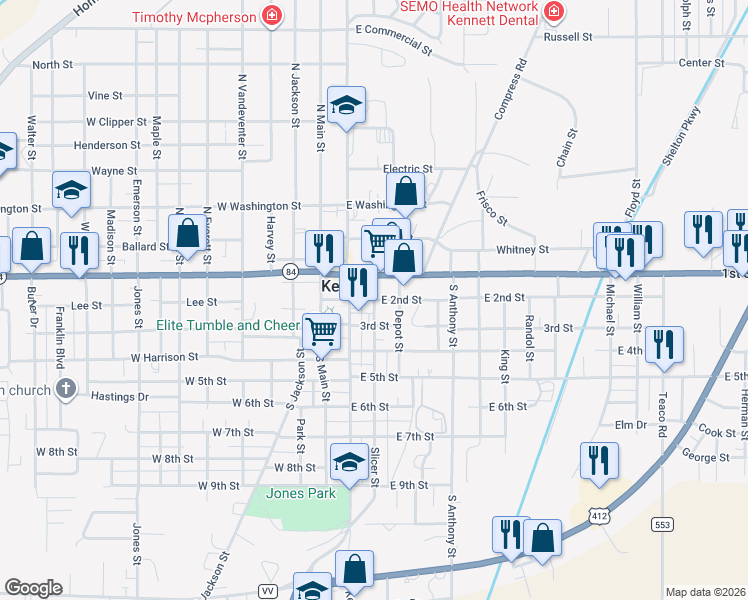 map of restaurants, bars, coffee shops, grocery stores, and more near 301 East 2nd Street in Kennett