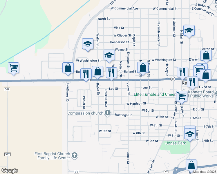 map of restaurants, bars, coffee shops, grocery stores, and more near 1008 Lee Street in Kennett