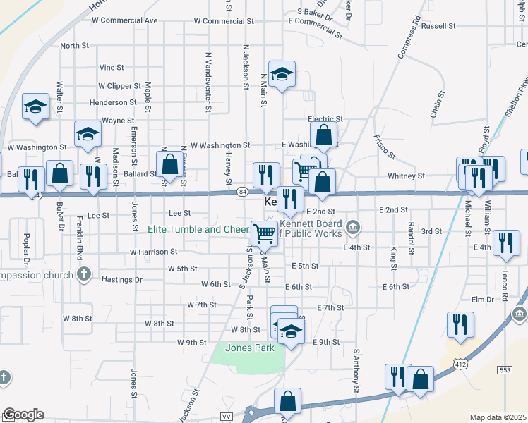 map of restaurants, bars, coffee shops, grocery stores, and more near 221 South Main Street in Kennett