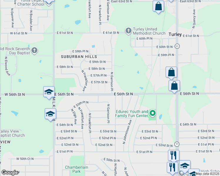 map of restaurants, bars, coffee shops, grocery stores, and more near 5613 North Garrison Place in Tulsa