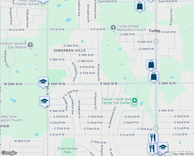 map of restaurants, bars, coffee shops, grocery stores, and more near 5613 North Garrison Place in Tulsa
