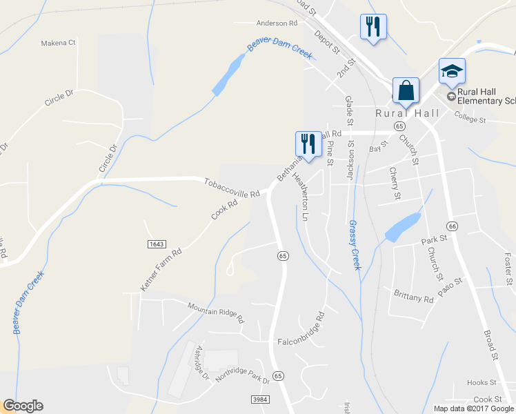 map of restaurants, bars, coffee shops, grocery stores, and more near 520 Bethania-Rural Hall Road in Rural Hall