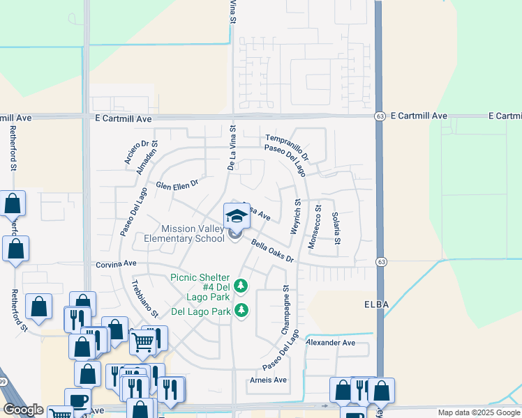 map of restaurants, bars, coffee shops, grocery stores, and more near 1778 Rosa Avenue in Tulare