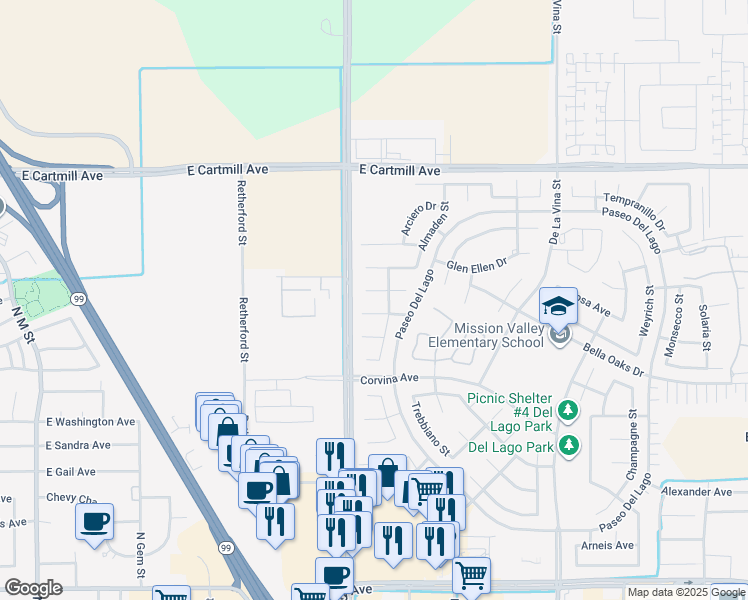 map of restaurants, bars, coffee shops, grocery stores, and more near 1161 Zinfandel Court in Tulare