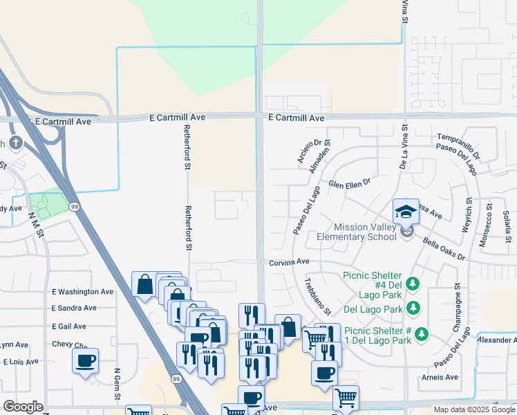 map of restaurants, bars, coffee shops, grocery stores, and more near 2616-2998 North Blackstone Street in Tulare