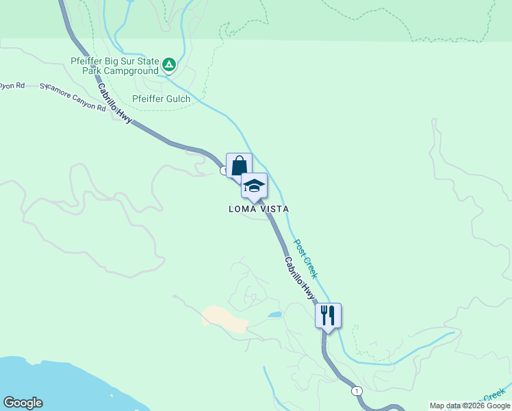 map of restaurants, bars, coffee shops, grocery stores, and more near 47540 California 1 in Big Sur