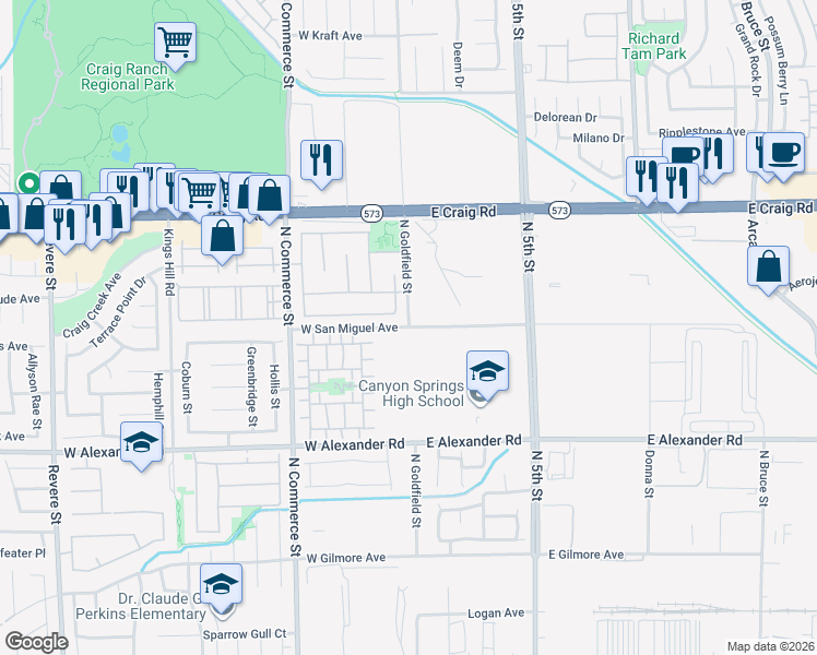 map of restaurants, bars, coffee shops, grocery stores, and more near 2 West San Miguel Avenue in North Las Vegas
