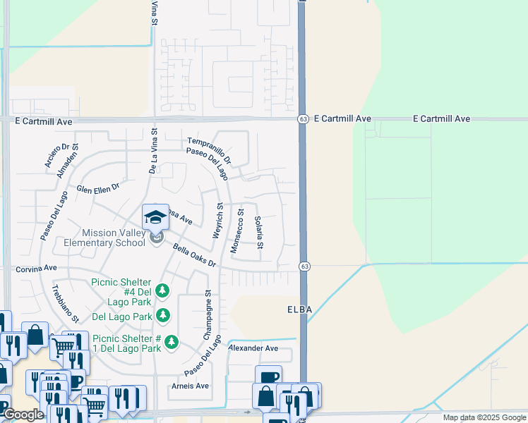 map of restaurants, bars, coffee shops, grocery stores, and more near 1987 Solaria Street in Tulare