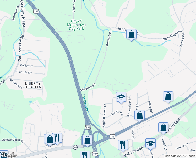 map of restaurants, bars, coffee shops, grocery stores, and more near 635 Apple Blossom Lane in Morristown
