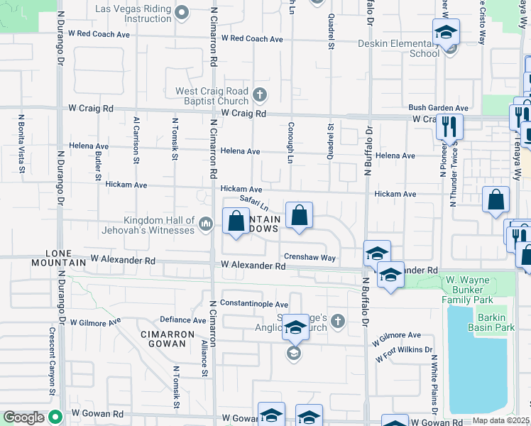 map of restaurants, bars, coffee shops, grocery stores, and more near 7817 Safari Lane in Las Vegas