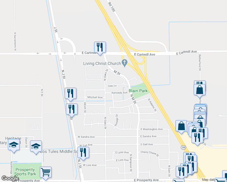 map of restaurants, bars, coffee shops, grocery stores, and more near 166 Kennedy Avenue in Tulare