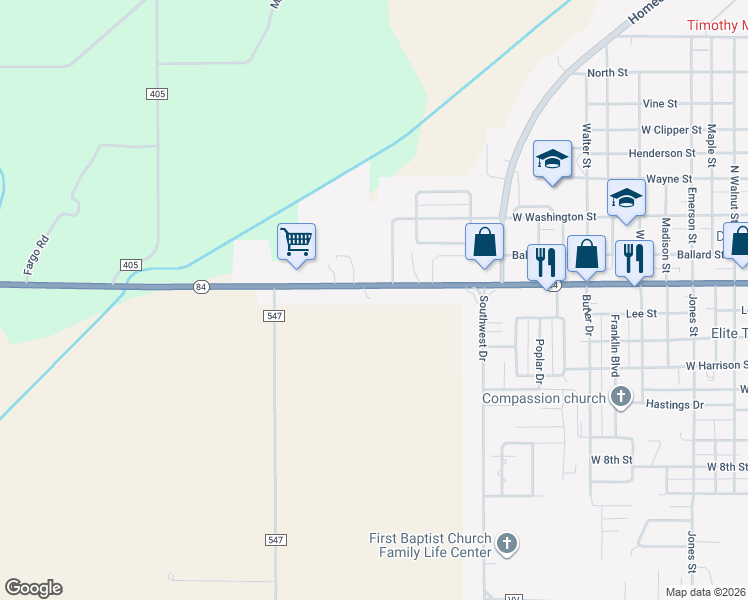 map of restaurants, bars, coffee shops, grocery stores, and more near 1709 Saint Francis Street in Kennett