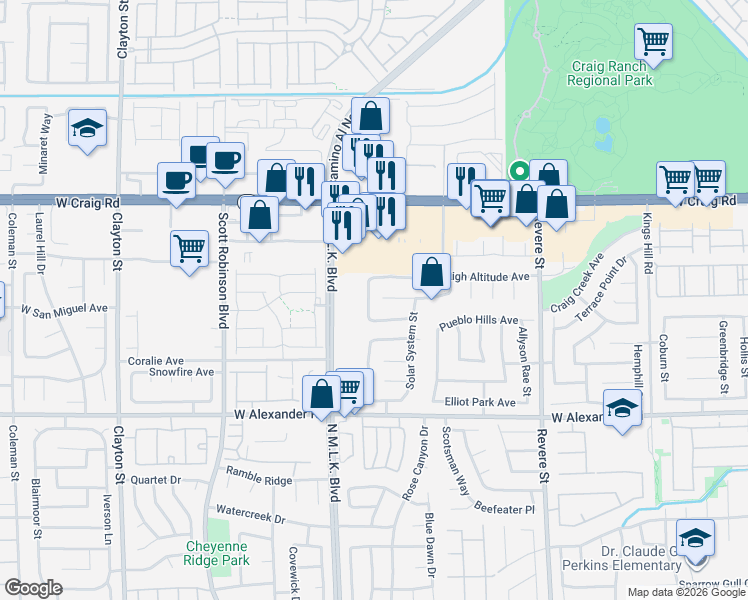 map of restaurants, bars, coffee shops, grocery stores, and more near 1220 Checkmark Avenue in North Las Vegas