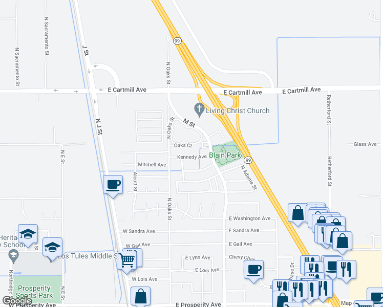 map of restaurants, bars, coffee shops, grocery stores, and more near 214 East Kennedy Avenue in Tulare