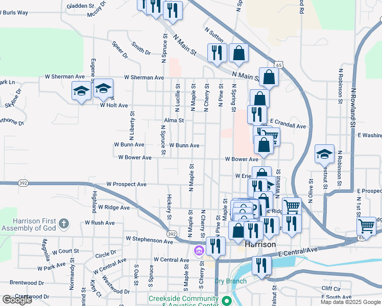 map of restaurants, bars, coffee shops, grocery stores, and more near 524 North Cherry Street in Harrison