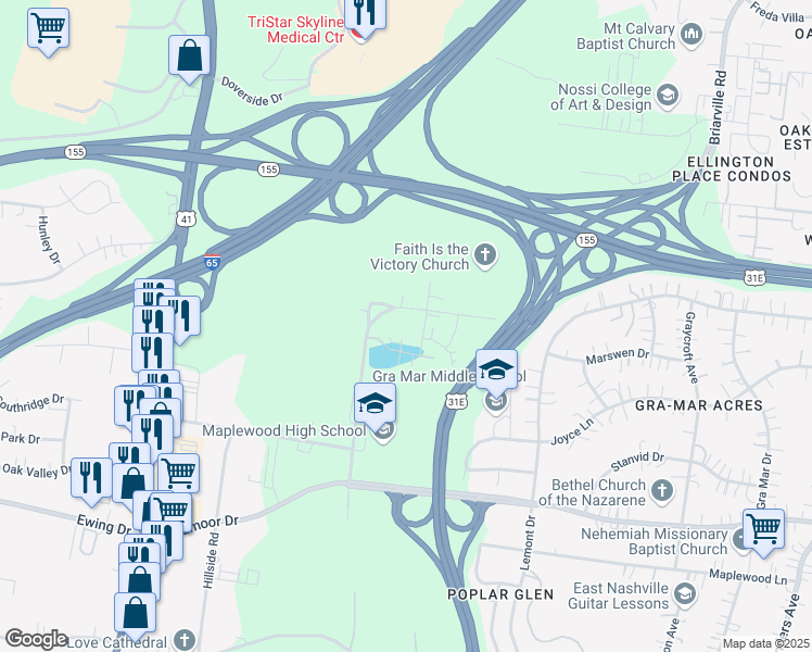 map of restaurants, bars, coffee shops, grocery stores, and more near 309 East Village Lane in Nashville