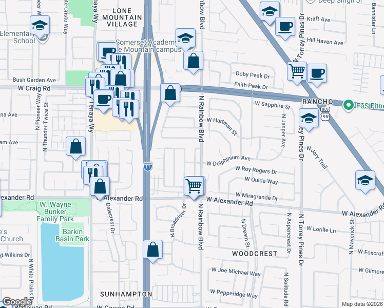map of restaurants, bars, coffee shops, grocery stores, and more near 4129 North Broadriver Drive in Las Vegas