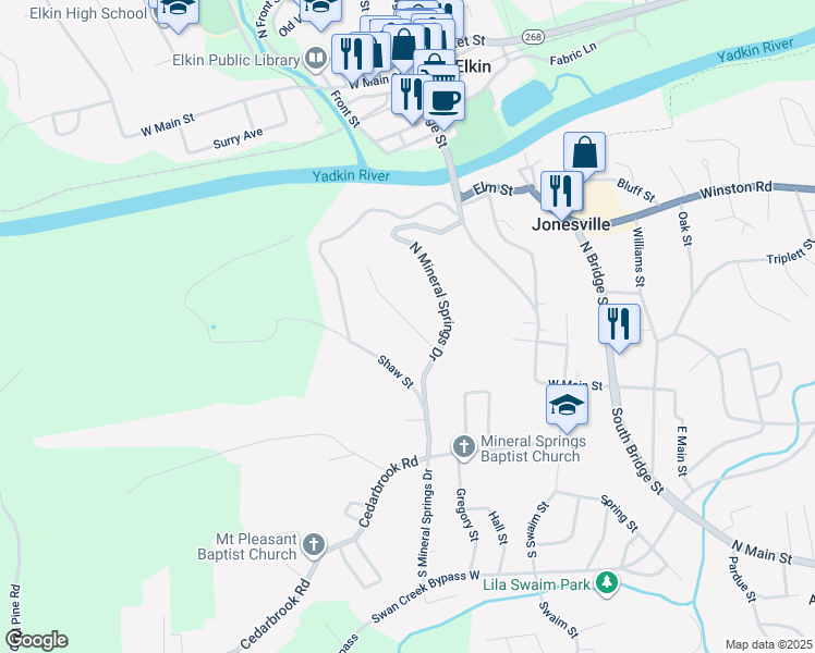 map of restaurants, bars, coffee shops, grocery stores, and more near 117 Pinnix Street in Jonesville