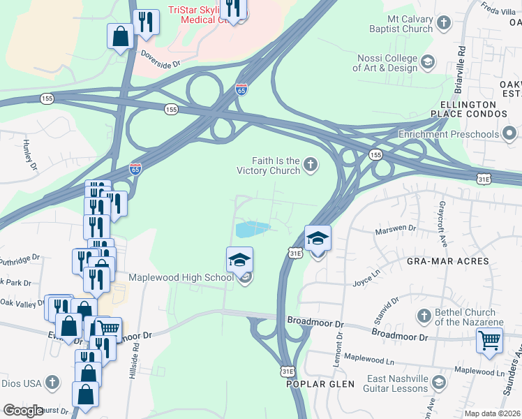 map of restaurants, bars, coffee shops, grocery stores, and more near 309 East Village Lane in Nashville