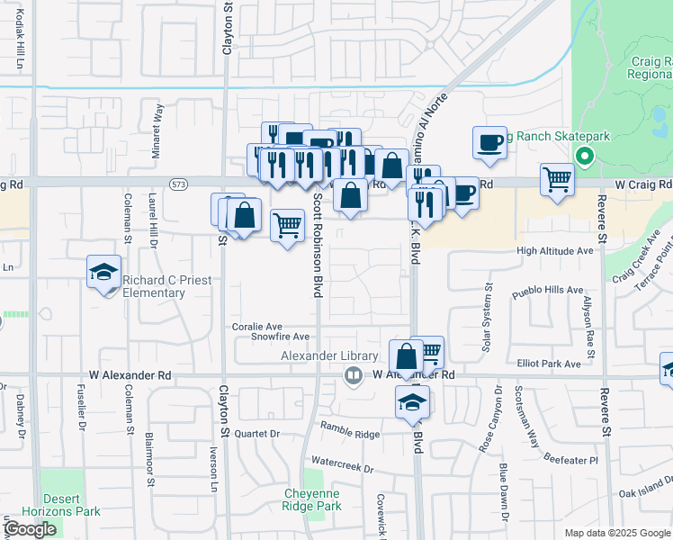 map of restaurants, bars, coffee shops, grocery stores, and more near 1717 Sandia Rock Avenue in North Las Vegas