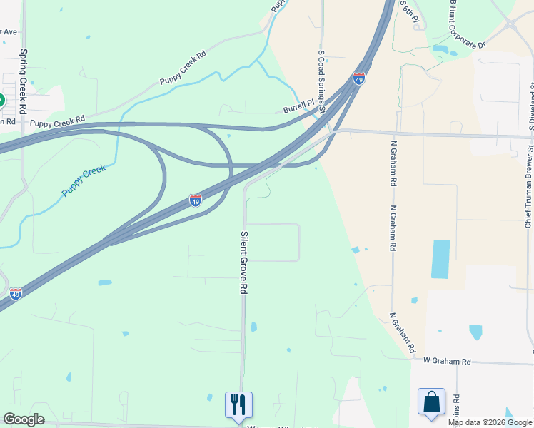 map of restaurants, bars, coffee shops, grocery stores, and more near 2625 Chaarismatic Avenue in Springdale