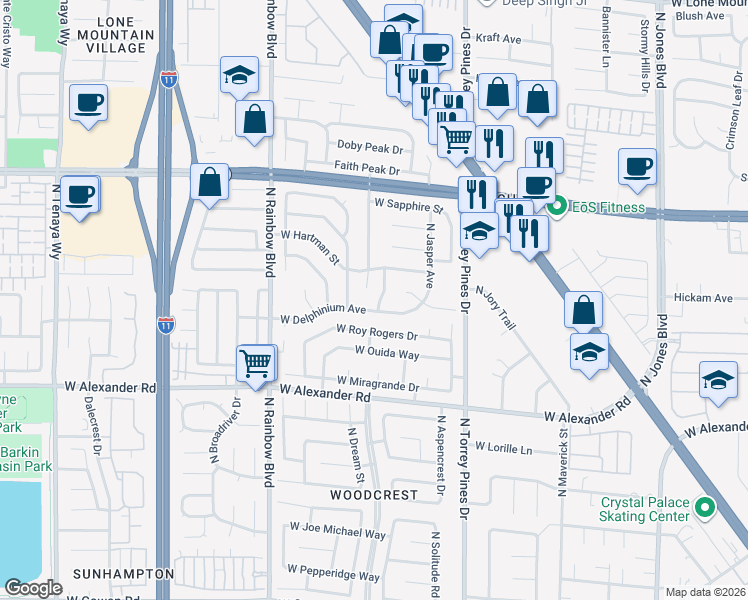 map of restaurants, bars, coffee shops, grocery stores, and more near 6509 West Delphinium Avenue in Las Vegas